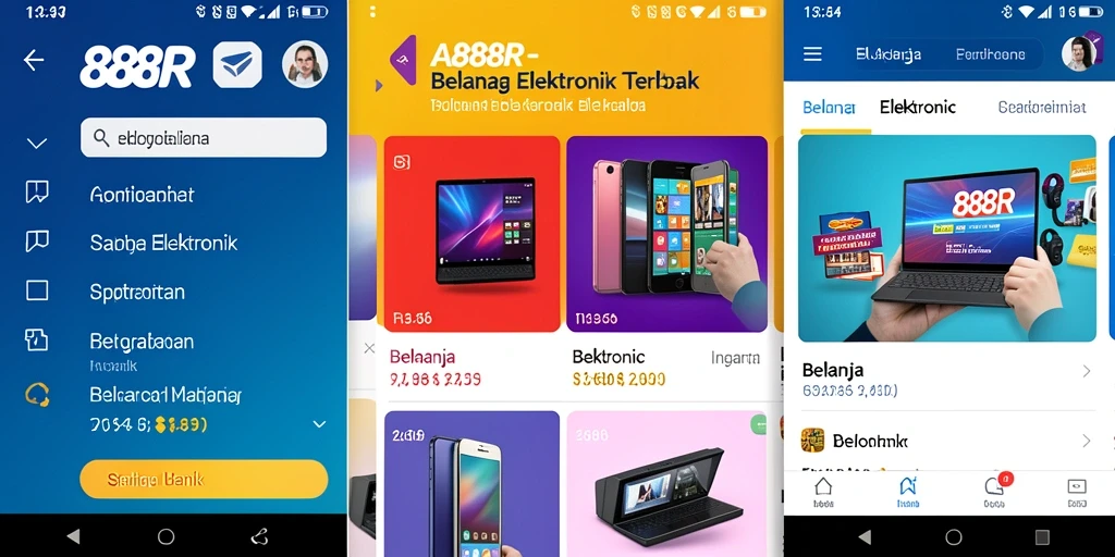 Tampilan interaktif dari antarmuka aplikasi 888R untuk belanja Elektronik.