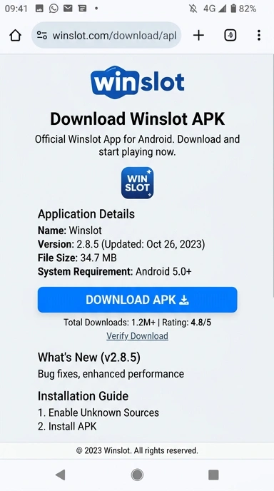 Tampilan halaman APK winslot