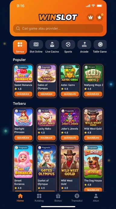 Tampilan katalog aplikasi winslot